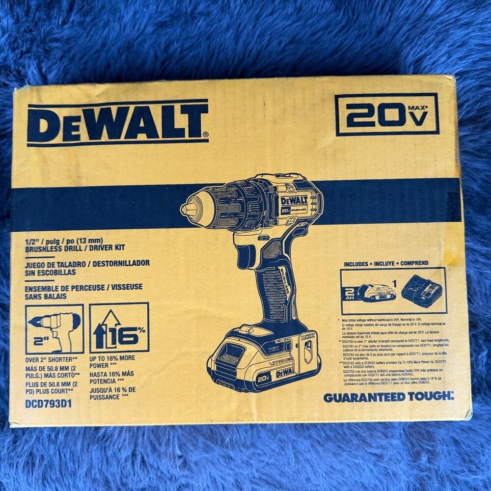 DEWALT DCD793D1 20V MAX Brushless 1/2" Drill Driver Kit 2Ah Battery Charger